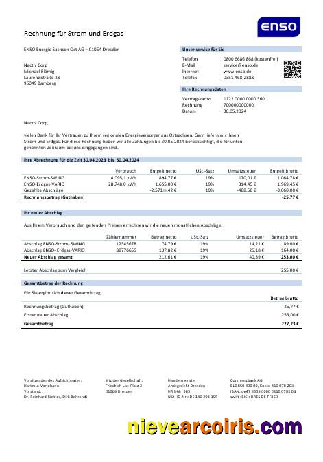 Germany ENSO rechnung für strom und erdgas business utility bill